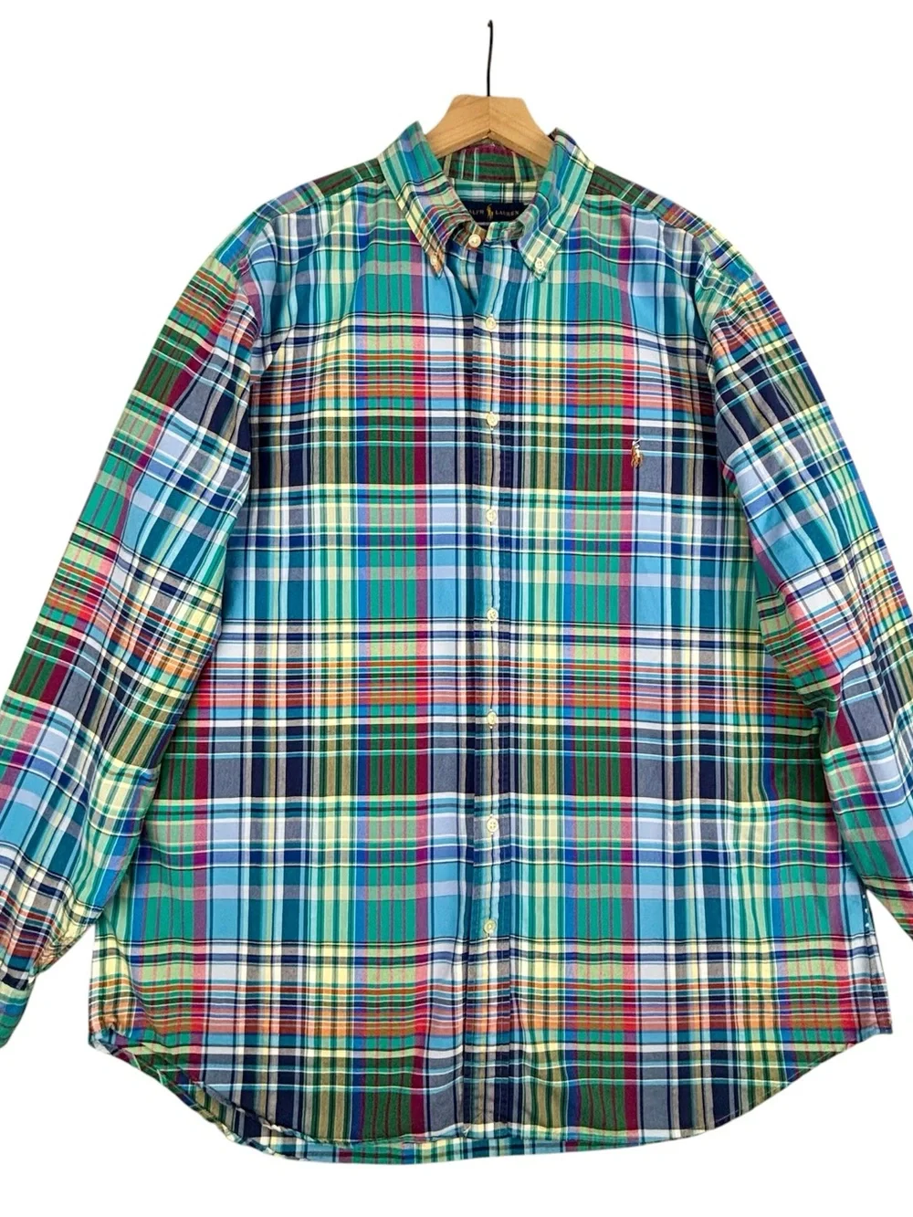 Polo Ralph Lauren Shirt Mens XLT Green Blue Multicolor Flesh Pony Preppy